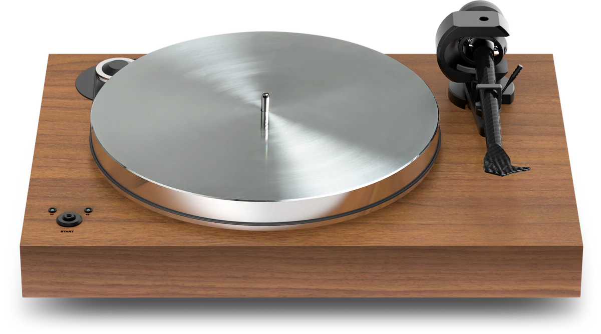 Pro-Ject X8 Evolution Turntable Turntable with wooden base, brushed metal platter, and black tonearm.