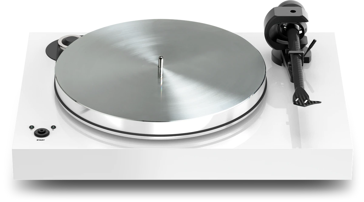 Pro-Ject X8 Evolution Turntable White turntable with brushed metal platter, black tonearm, central spindle, and start button on the left.
