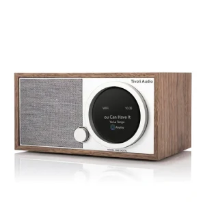 Tivoli Audio Model One Digital wireless radio with round display and wooden cabinet.