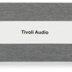 Tivoli Audio speaker with gray fabric sides and a white center band featuring the brand name.