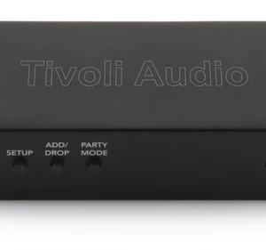Tivoli Audio compact black audio device featuring a power button and front-panel setup, add/drop, and party mode controls.