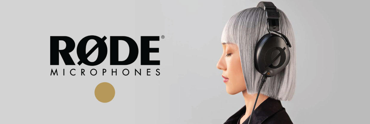 Røde microphones logo appears beside a person wearing black over-ear headphones.