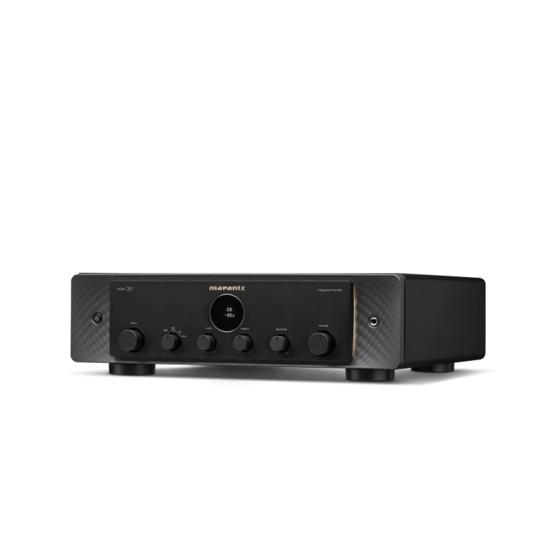 Marantz Model 30 Integrated Amplifier Marantz integrated amplifier with black front panel, circular display, multiple knobs, and carbon-textured side panels.