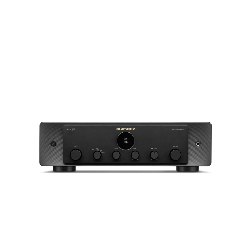 Marantz Model 30 Integrated Amplifier Marantz integrated stereo amplifier front panel with central circular display, five control knobs, black metal case, textured side panels.