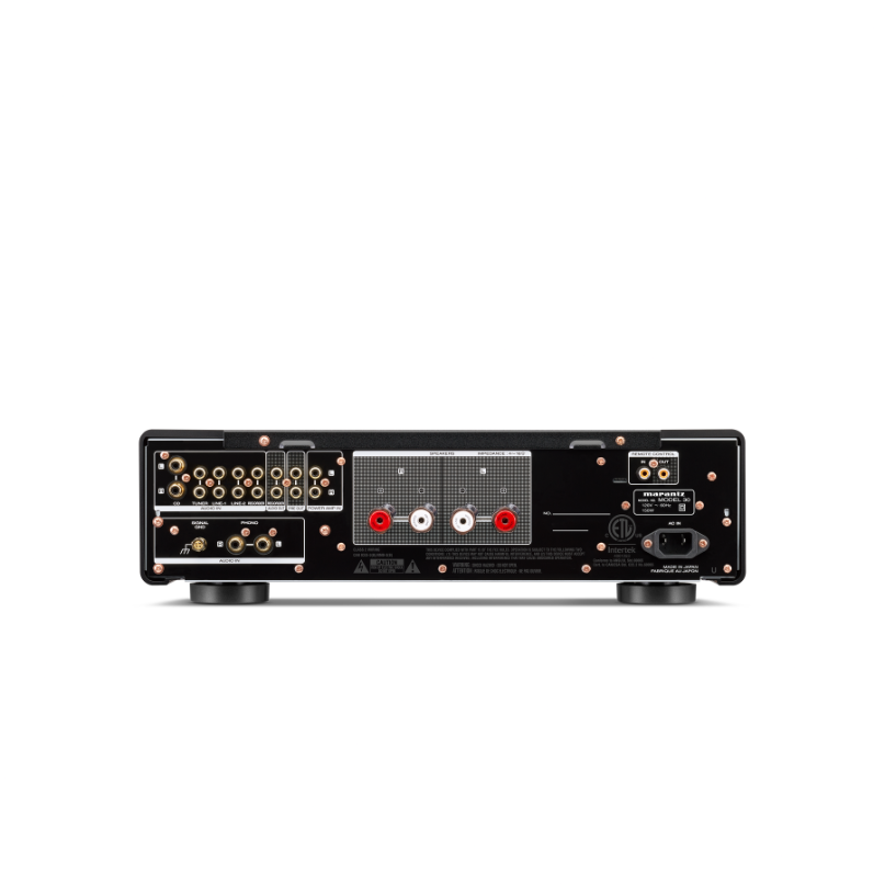 Marantz Model 30 Integrated Amplifier Marantz high-end stereo power amplifier rear panel with multiple rca inputs, red/white speaker terminals, and iec power inlet.