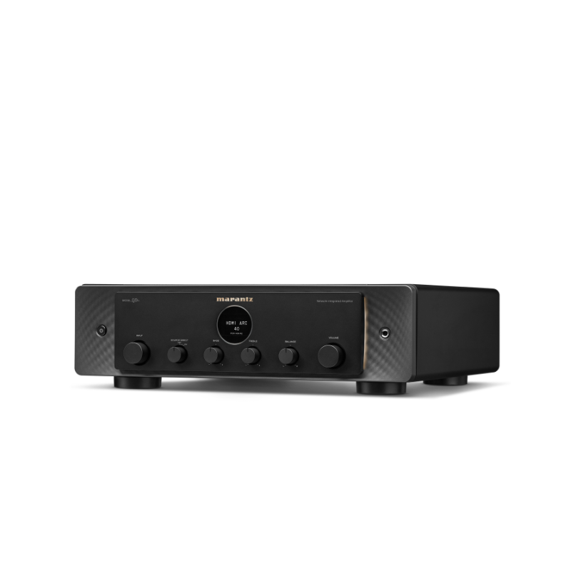 Marantz Model 40N Stereo Amplifier Marantz black audio receiver with central circular display, hdmi arc indicator, multiple front knobs, and textured side panels