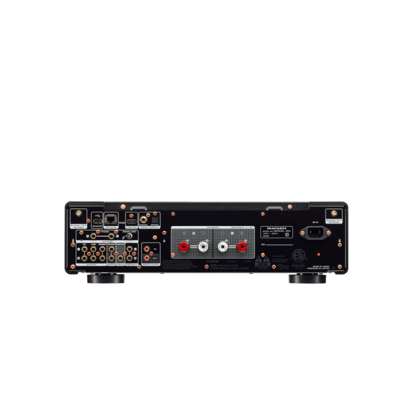 Marantz Model 40N Stereo Amplifier Marantz stereo integrated amplifier back panel with rca inputs, speaker binding posts, and power inlet.