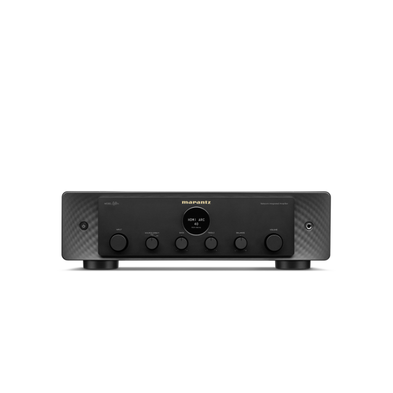 Marantz Model 40N Stereo Amplifier Marantz network integrated amplifier with black front, gold logo, central hdmi arc display, and multiple knobs on textured sides.