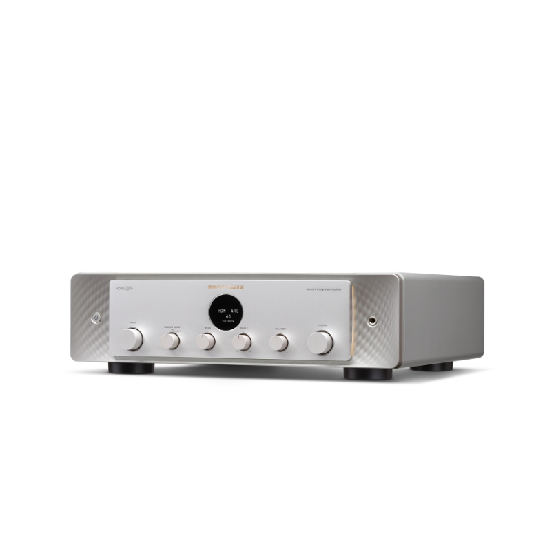 Marantz Model 40N Stereo Amplifier Marantz integrated stereo amplifier with hdmi arc, silver face, circular display, multiple knobs, and textured side panels.