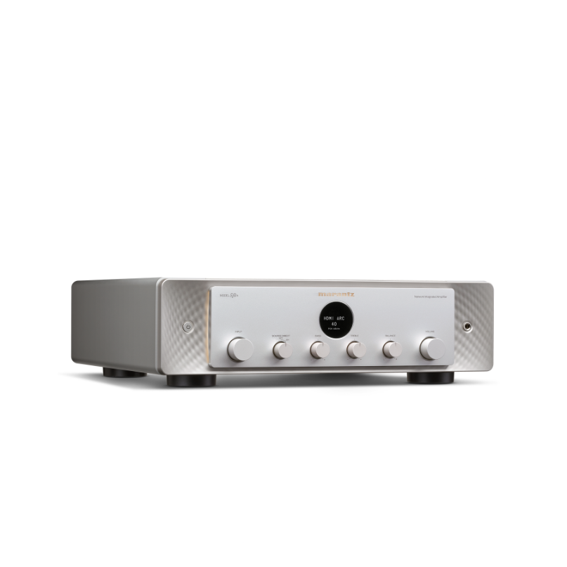 Marantz Model 40N Stereo Amplifier Marantz integrated stereo amplifier with brushed aluminum front, circular display, five knobs, and textured side panels.