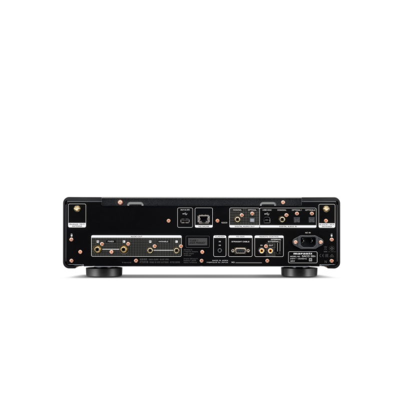 Marantz Sacd 30N Premium Cd Player Back panel of a marantz high-end audio component with gold-plated connectors and multiple input/output ports.