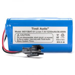 Tivoli Audio MSY3BAT-01 Li-ion battery pack, 7.4V 5200mAh, blue wrap with red/black/white leads and connector.
