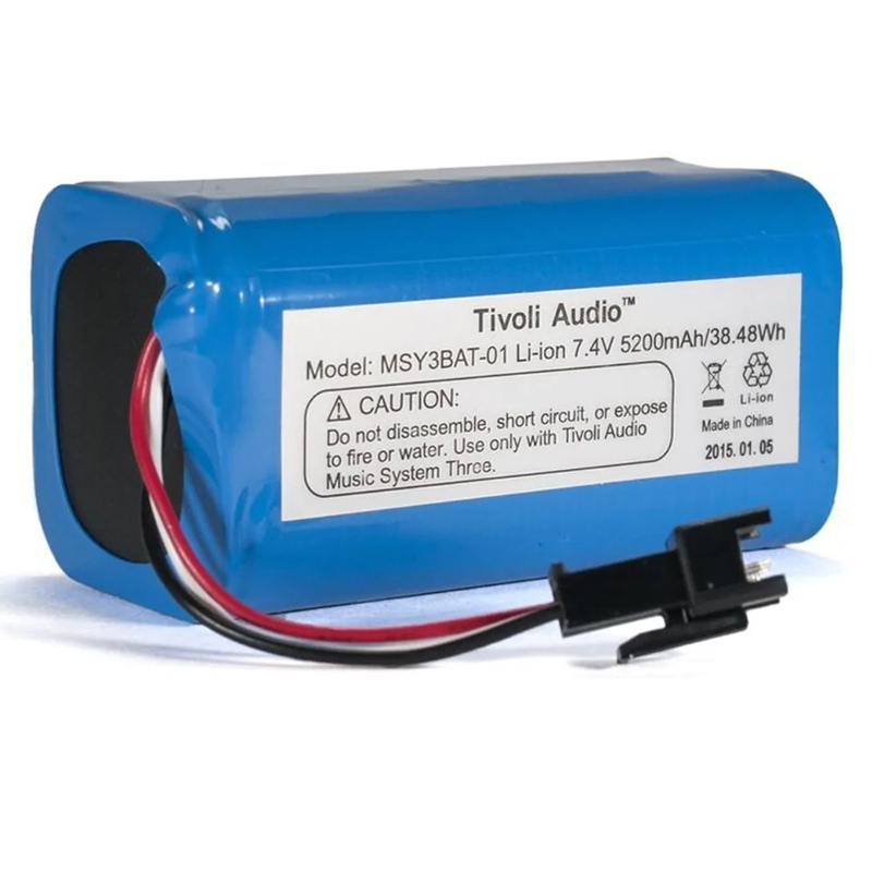 Tivoli Audio Music System Three Msy3 Battery Tivoli audio msy3bat-01 li-ion battery pack, 7. 4v 5200mah, blue case with red and black leads.