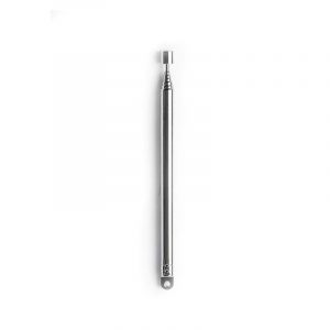 Polished chrome metal rod with a small square knob at the top and a hanging hole at the base.