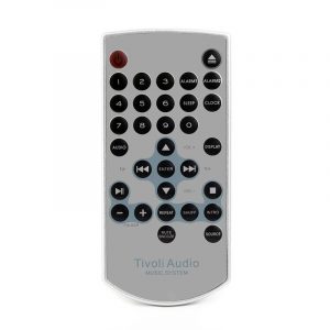 Tivoli Audio remote control for a music system with numerous black circular buttons on a silver body.