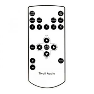 Tivoli Audio remote control with directional pad, numeric keypad, power button, and volume and source controls.