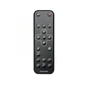 Tivoli Audio remote control with gray body, MUTE, power, alarm, source, directional pad, volume, and numeric keypad