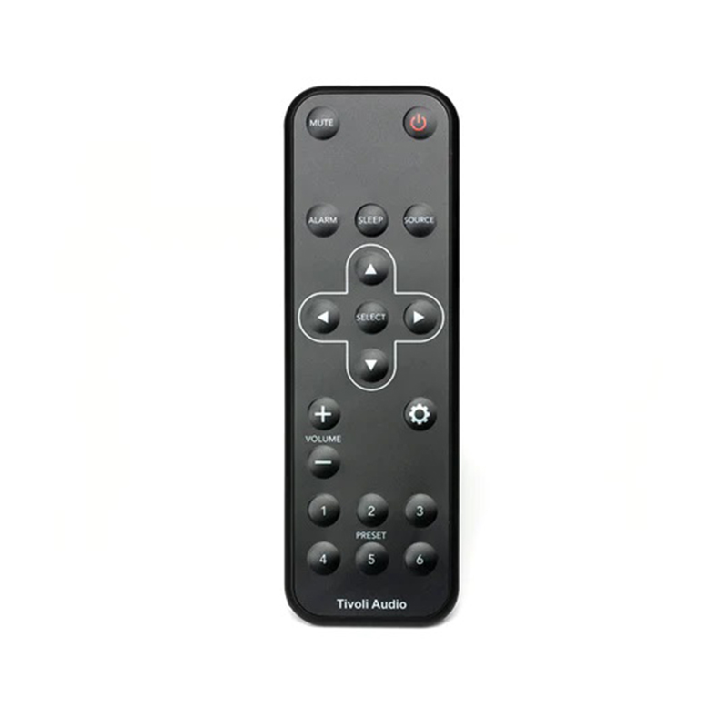 Tivoli Audio Msh Remote Tivoli audio remote control with gray body, mute, power, alarm, source, directional pad, volume, and numeric keypad