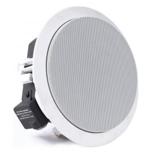 White round in-ceiling speaker with perforated metal grille and mounting hardware.