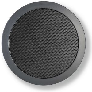 Round black speaker with perforated grille and gray bezel.