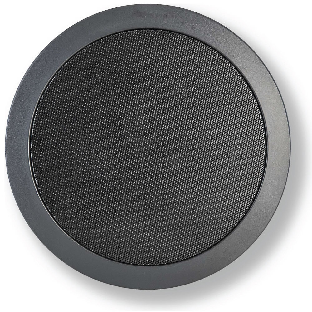 Klipsch Ic-525-T - Sold As Pair Round black speaker with perforated grille and gray bezel.