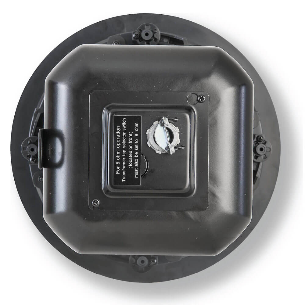 Klipsch Ic-525-T - Sold As Pair Round black ceiling mount with a square transformer housing and an 8-ohm impedance selector dial.