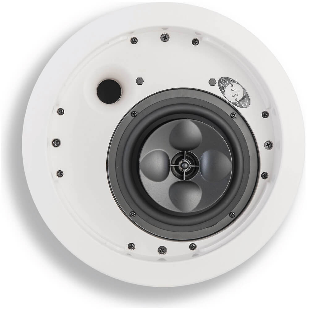 Klipsch Ic-525-T - Sold As Pair White round in-ceiling speaker with exposed black woofer, silver center, and multiple screws around the mounting ring.