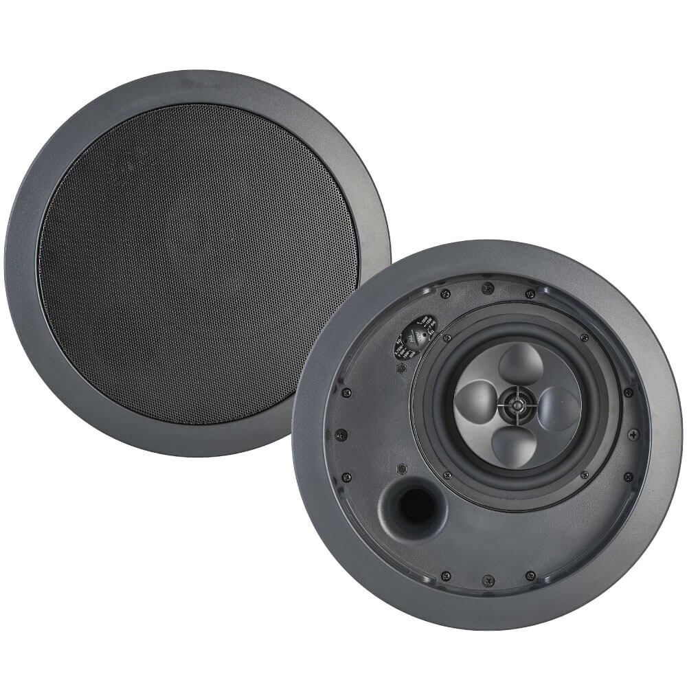 Klipsch Ic-525-T - Sold As Pair Round ceiling speaker with a gray metal frame and perforated grille; rear view shows woofer, port, and screws.