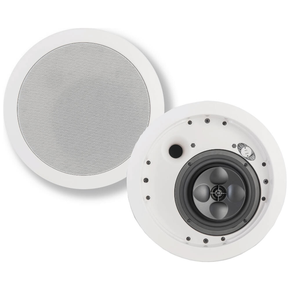 Klipsch Ic-525-T - Sold As Pair White round in-ceiling speaker with perforated grille and visible multi-driver assembly.