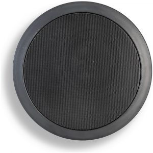 Round black speaker with a perforated metal mesh grille.