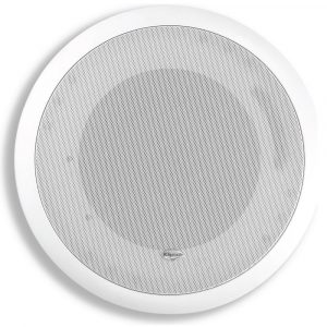 Klipsch round white in-ceiling speaker with perforated grille and logo badge