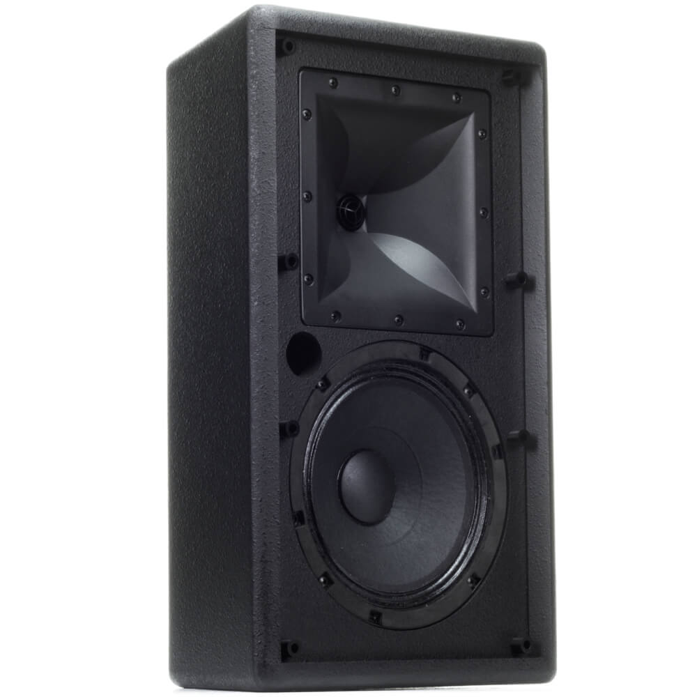 Klipsch Ki-102-B-Sma-Ii Black rectangular loudspeaker cabinet with a square horn above a large round woofer.