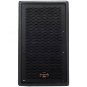 Klipsch black PA speaker cabinet with perforated grille and copper logo.