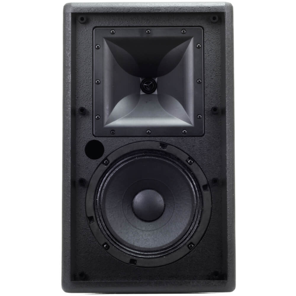 Klipsch Ki-102-B-Sma-Ii Black pa speaker with square horn-loaded tweeter above a large woofer in a textured enclosure.