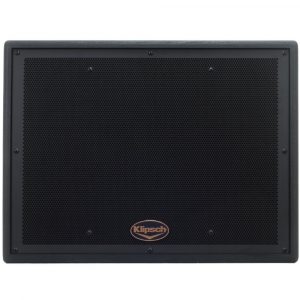 Klipsch black speaker cabinet with metal mesh grille and copper oval logo.