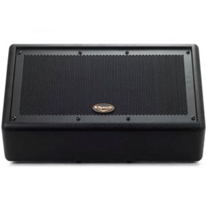 Black subwoofer speaker cabinet with a perforated front grille and small oval brand logo.
