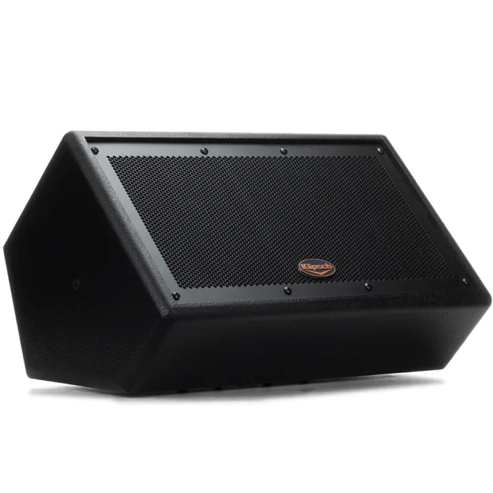 Klipsch Ki-172-B-Sma-Ii Black wedge-shaped stage monitor speaker with perforated metal grille and small orange emblem.