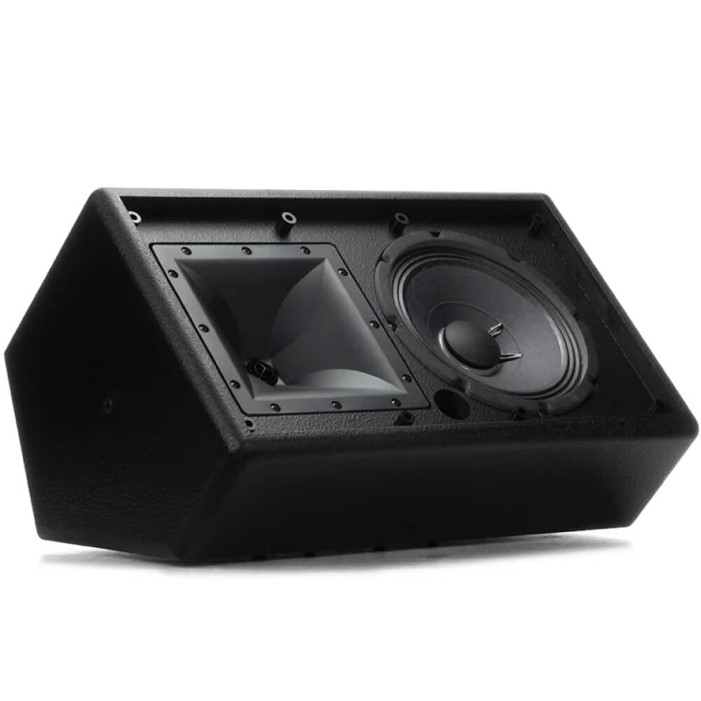 Klipsch Ki-172-B-Sma-Ii Black wedge-shaped stage monitor speaker with horn-loaded tweeter and circular woofer.