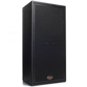 Klipsch black tall PA speaker cabinet with perforated metal grille and round Klipsch badge