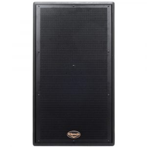 Klipsch black PA loudspeaker cabinet with perforated metal grille.