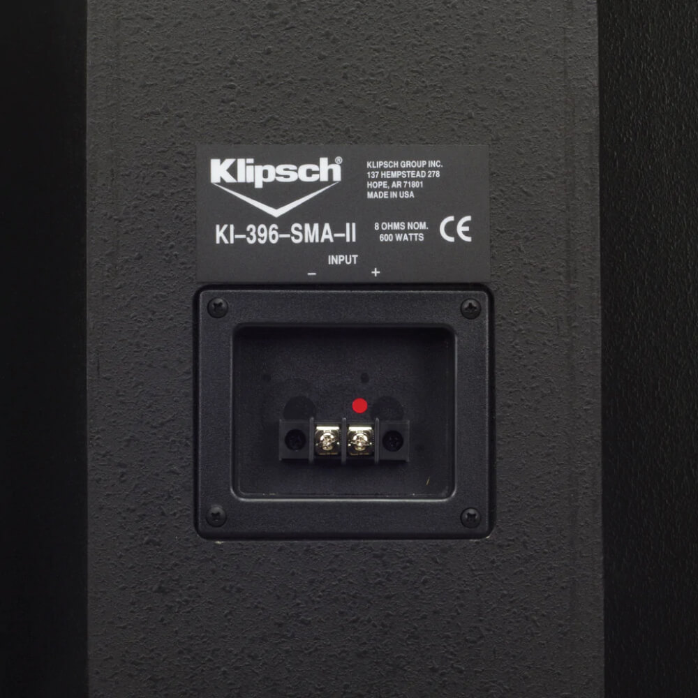 Klipsch Ki-396-B-Sma-Ii Klipsch ki-396-sma-ii loudspeaker rear panel with input terminal block and ce mark.