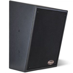 Klipsch speaker with angled black front panel and dark textured cabinet.