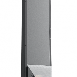 Tall vertical loudspeaker cabinet with copper cone woofer and angled metal plate at the base