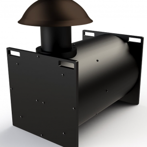 Industrial black exhaust muffler with mushroom-shaped cap mounted on a rectangular mounting frame.