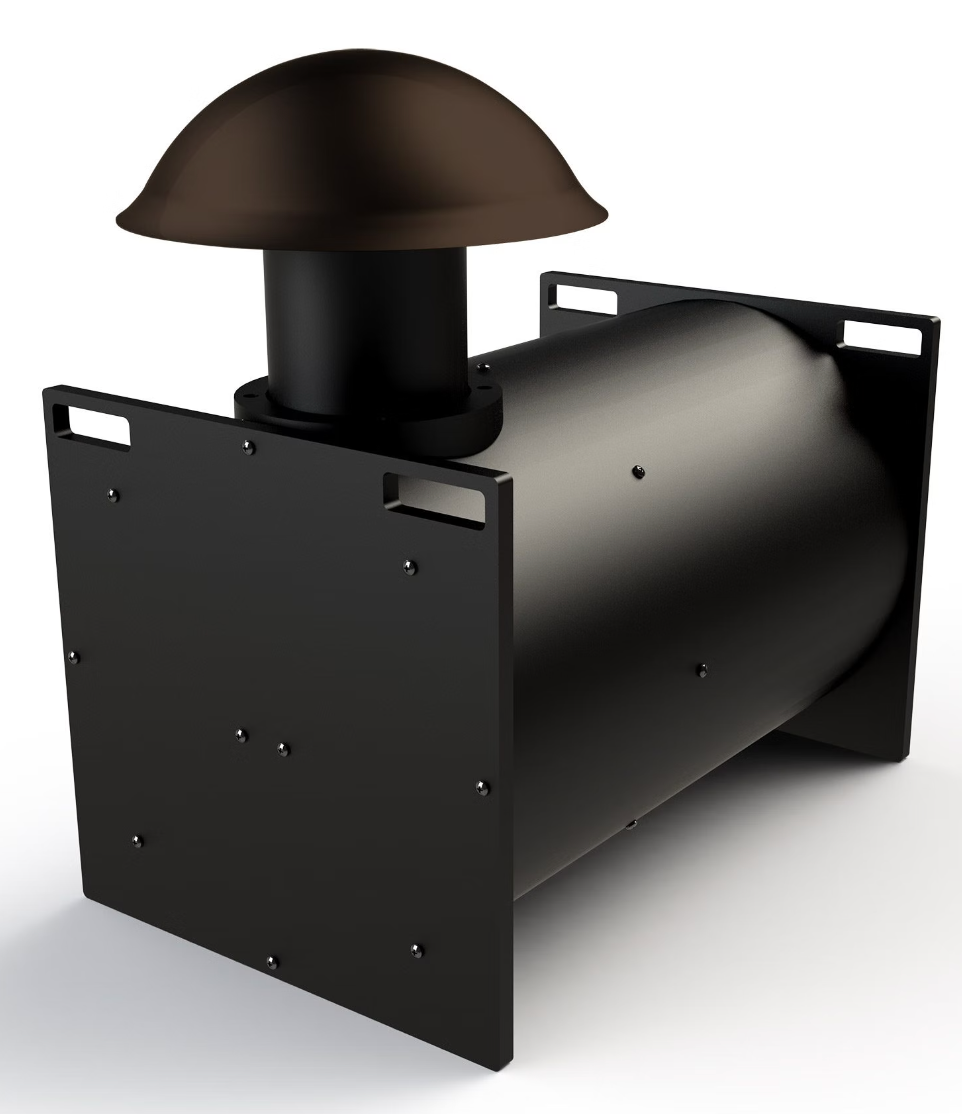Klipsch Pro-12Sw-Ls Industrial black exhaust muffler with mushroom-shaped cap mounted on a rectangular mounting frame.