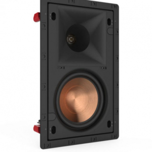 In-wall speaker with copper woofer, horn-loaded tweeter, black frame, and red mounting clamps.