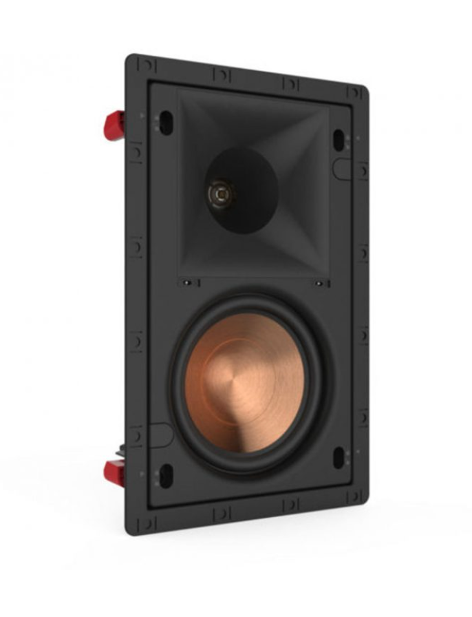 Klipsch Pro-160-Rpw In-wall speaker with copper woofer, horn-loaded tweeter, black frame, and red mounting clamps.