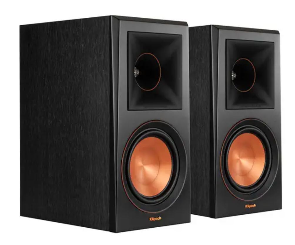 Klipsch R600Pack51 Hn Pack Klipsch bookshelf speakers with copper-colored woofer and horn-loaded tweeter in black cabinet.
