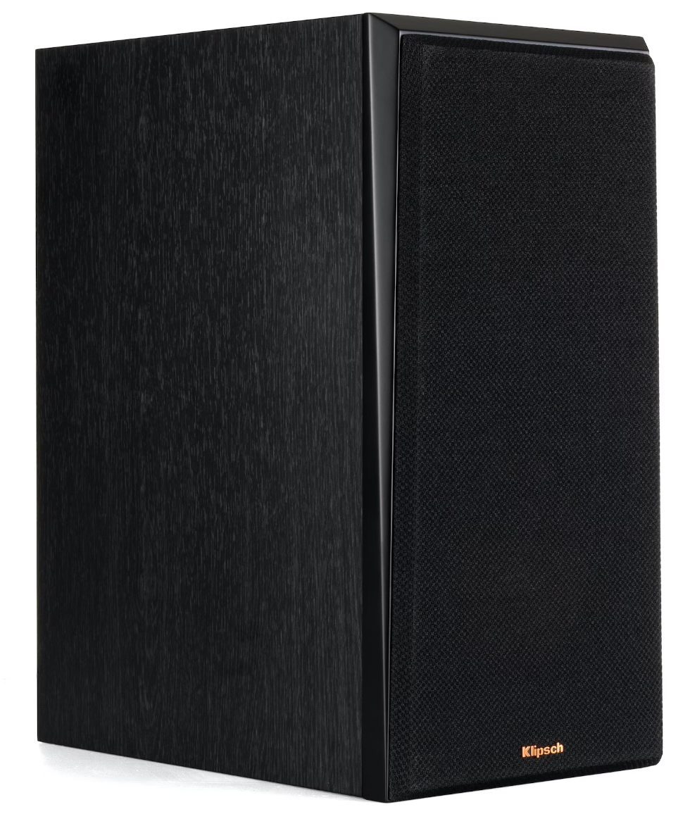 Klipsch R600Pack51 Hn Pack Klipsch bookshelf speaker with black fabric grille, dark wood cabinet, and gold klipsch logo