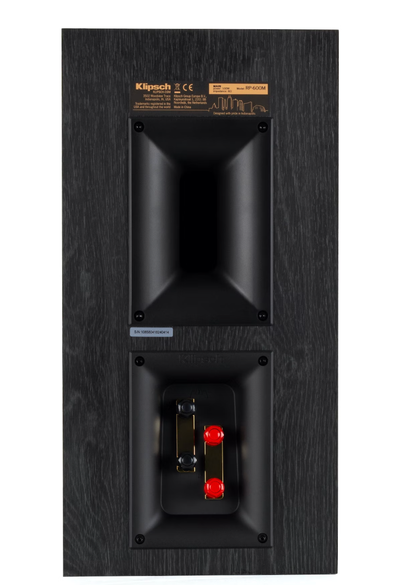Klipsch R600Pack51 Hn Pack Klipsch rp-600m bookshelf speaker rear panel with dual binding posts on a black wood grain finish.